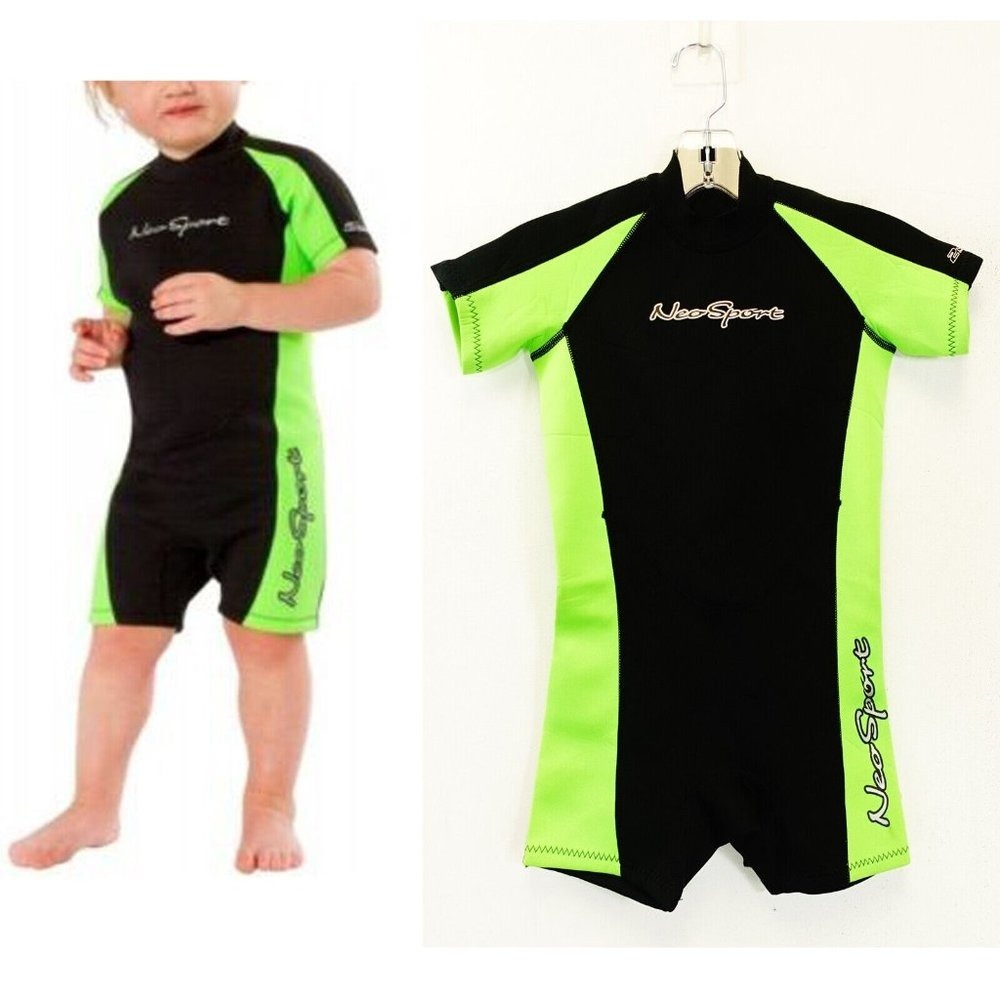NEOSPORT Wetsuit Kids Boys‎ SMALL Neon Green Black Short Rash Guard Short Sleeve